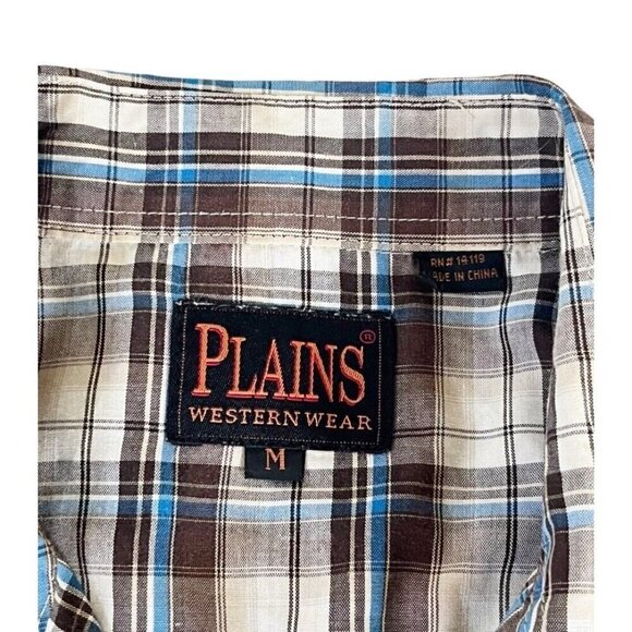 Plains Western Wear Men’s Sz M Brown & Blue Short Sleeve Pearl Snap Shirt - Picture 4 of 8